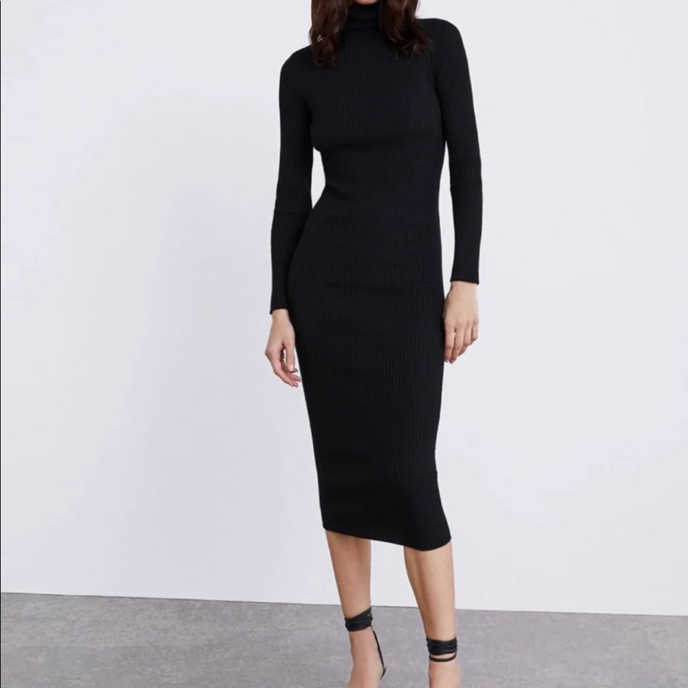 Zara Long Ribbed Knit MIDI Dress Black M